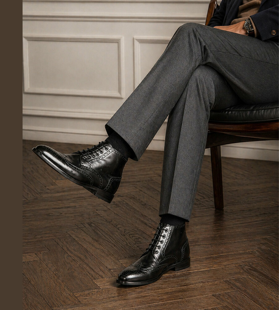 HARDY BROGUE L�DER-BOOTS DRAGKEDJA SVART